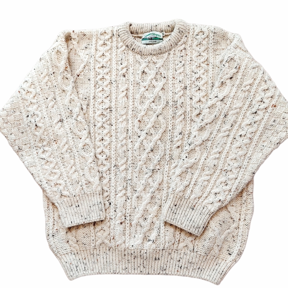 Vtg Irish Aran Craft 100% Wool Tweed Cable Knit